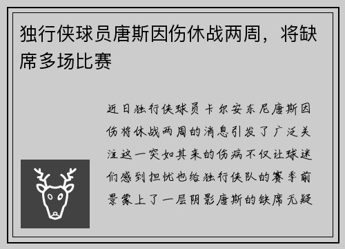 独行侠球员唐斯因伤休战两周，将缺席多场比赛