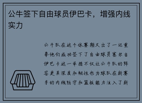 公牛签下自由球员伊巴卡，增强内线实力
